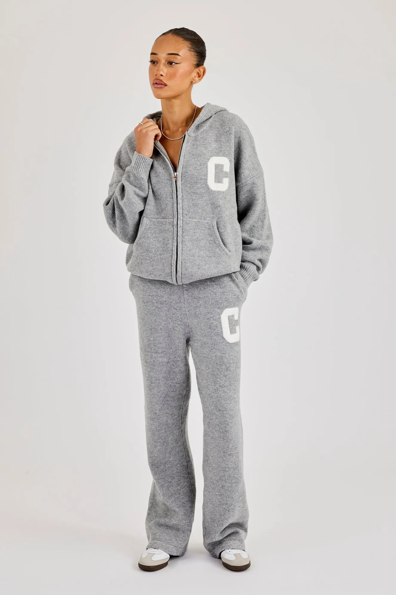 Hooded Zip Through Knitted Tracksuit - Grey