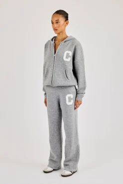 Hooded Zip Through Knitted Tracksuit - Grey