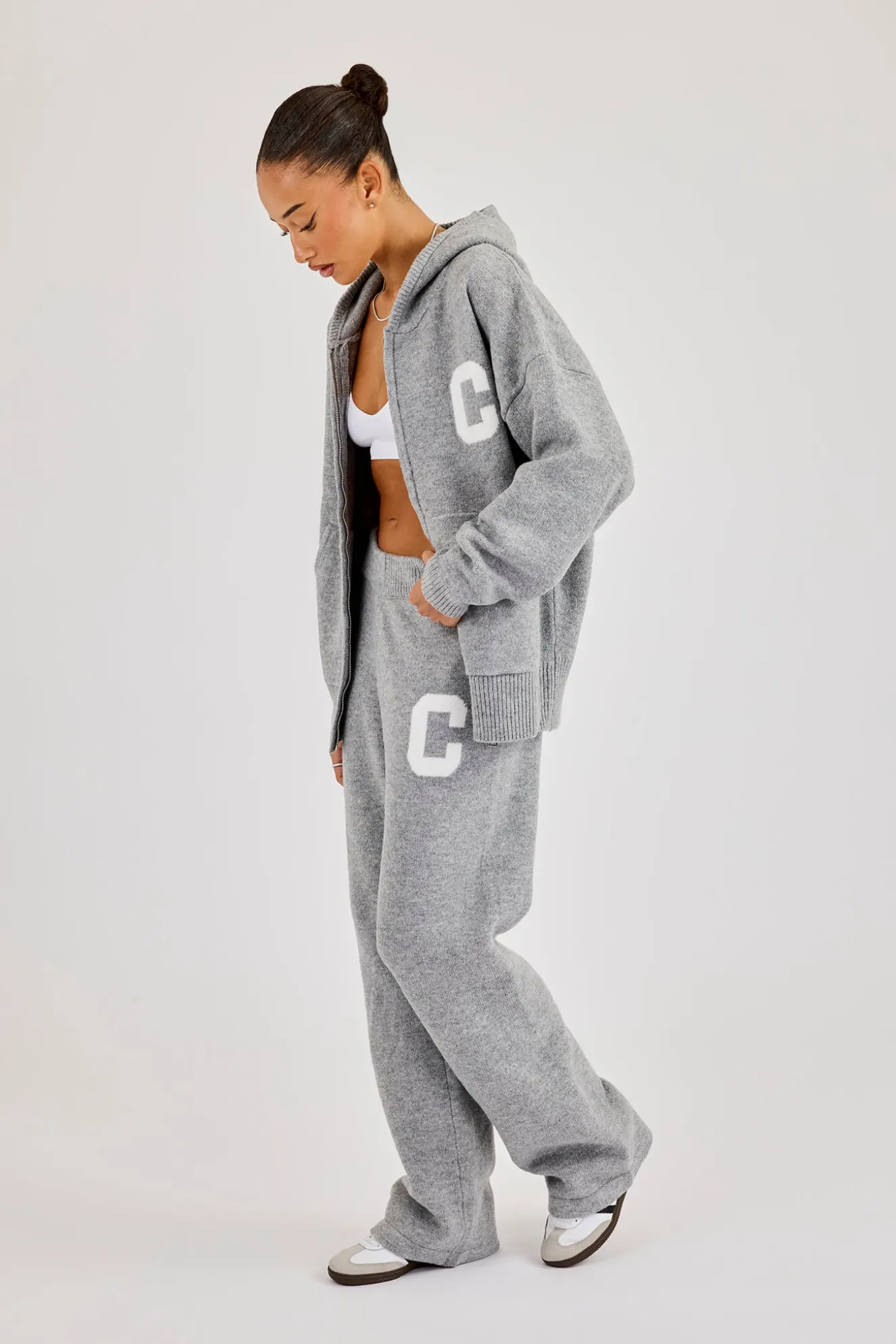 Hooded Zip Through Knitted Tracksuit - Grey