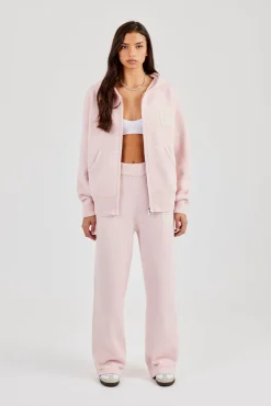 Hooded Zip Through Knitted Tracksuit - Baby Pink
