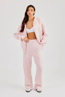 Hooded Zip Through Knitted Tracksuit - Baby Pink
