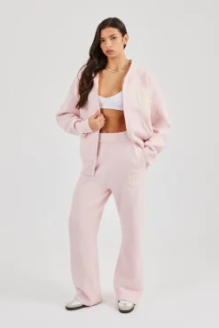 Hooded Zip Through Knitted Tracksuit - Baby Pink