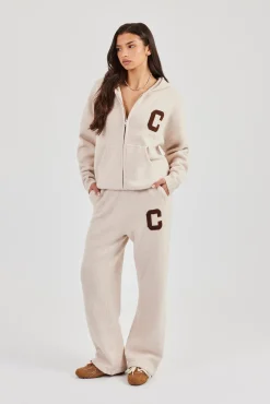 Hooded Zip Through Knitted Tracksuit - Off White