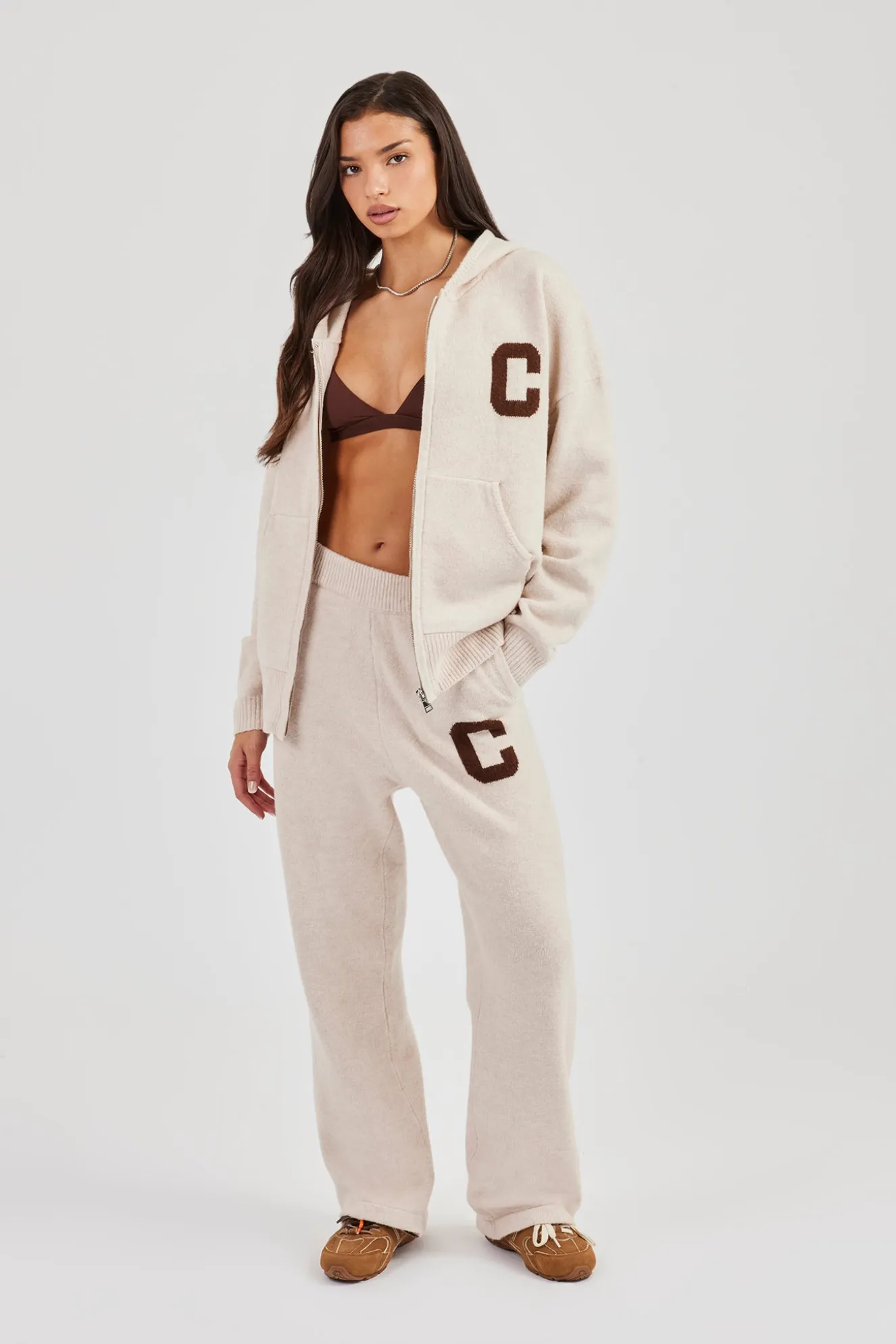 Hooded Zip Through Knitted Tracksuit - Off White