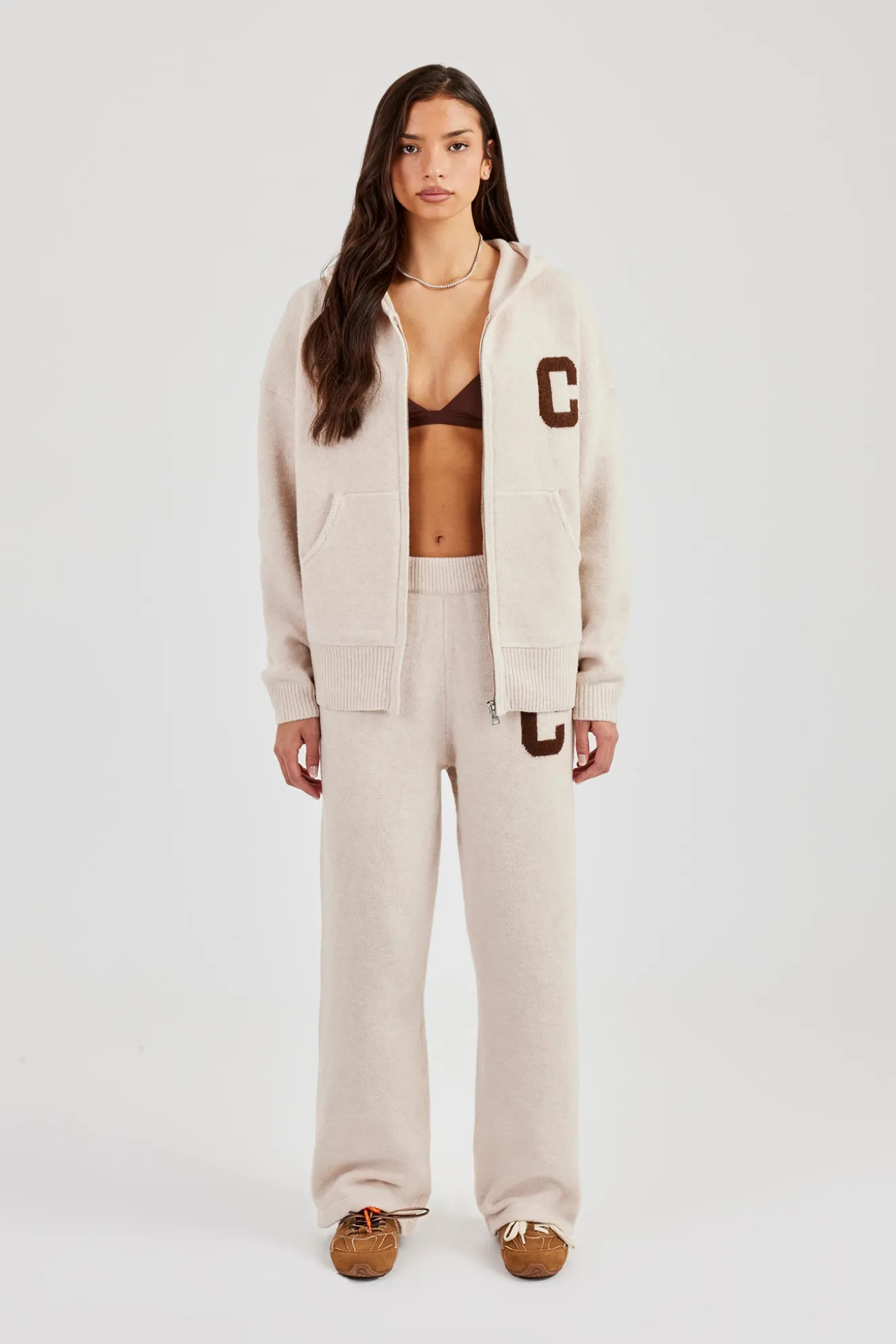 Hooded Zip Through Knitted Tracksuit - Off White