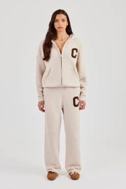 Hooded Zip Through Knitted Tracksuit - Off White