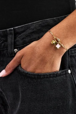 Iced Bar Pendant & Pink Enamel Motif Bracelet - 10mm - Gold