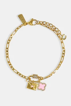 Iced Bar Pendant & Pink Enamel Motif Bracelet - 10mm - Gold