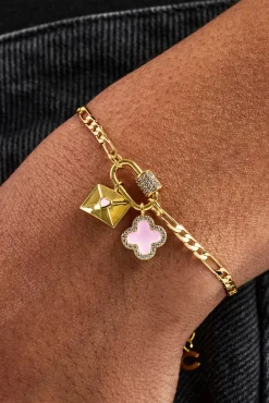 Iced Bar Pendant & Pink Enamel Motif Bracelet - 10mm - Gold