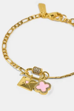 Iced Bar Pendant & Pink Enamel Motif Bracelet - 10mm - Gold