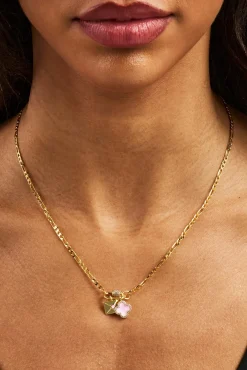 Iced Bar Pendant & Pink Enamel Motif Necklace - 10mm - Gold