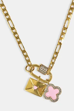 Iced Bar Pendant & Pink Enamel Motif Necklace - 10mm - Gold