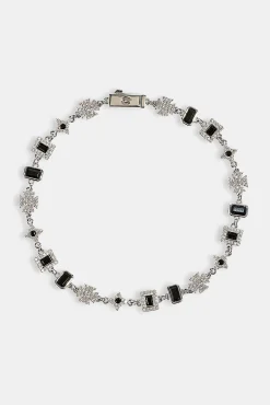 Iced Black Gemstone & Motif Bracelet - 6mm - White