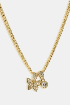 Iced Butterfly Pendant Necklace - 15mm - Gold
