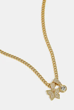 Iced Butterfly Pendant Necklace - 15mm - Gold