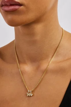 Iced Butterfly Pendant Necklace - 15mm - Gold