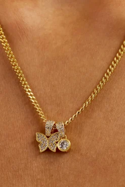 Iced Butterfly Pendant Necklace - 15mm - Gold