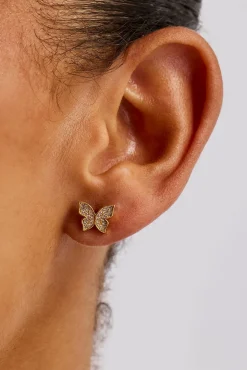 Iced Butterfly Stud Earring - 8mm - Gold