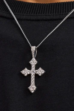 Iced Celtic Cross Pendant Curb Necklace - 35mm - White
