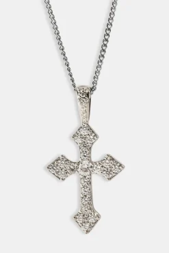 Iced Celtic Cross Pendant Curb Necklace - 35mm - White