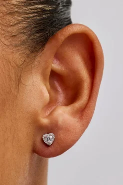 Iced Centre Heart Stud Earrings - 6mm - White
