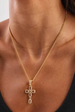 Iced Chocolate Gemstone Cross Cuban Necklace - 40mm - Gold