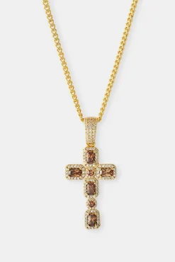 Iced Chocolate Gemstone Cross Cuban Necklace - 40mm - Gold