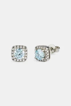 Iced Cluster Blue CZ Stud Earrings - White
