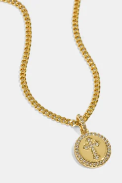 Iced Cross Disk Necklace - 13mm - Gold