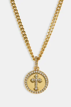 Iced Cross Disk Necklace - 13mm - Gold