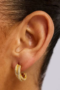 Iced Cross Over Hoop Earrings - 20mm - Gold