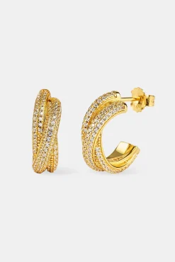 Iced Cross Over Hoop Earrings - 20mm - Gold