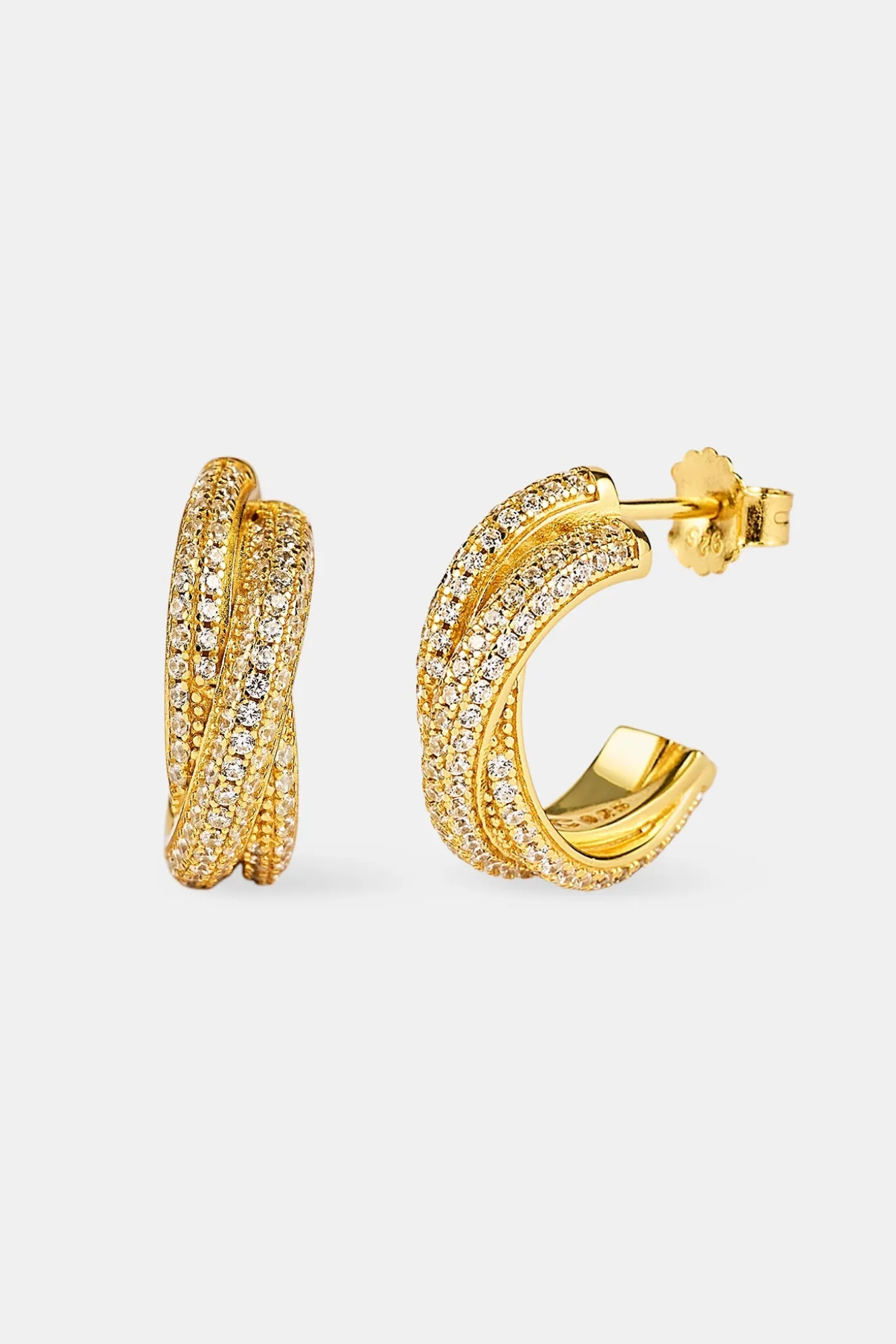 Iced Cross Over Hoop Earrings - 20mm - Gold