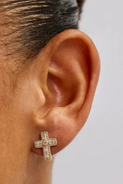 Iced Cross Stud Earrings - 15mm - Gold