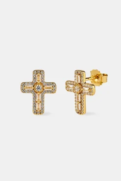 Iced Cross Stud Earrings - 15mm - Gold