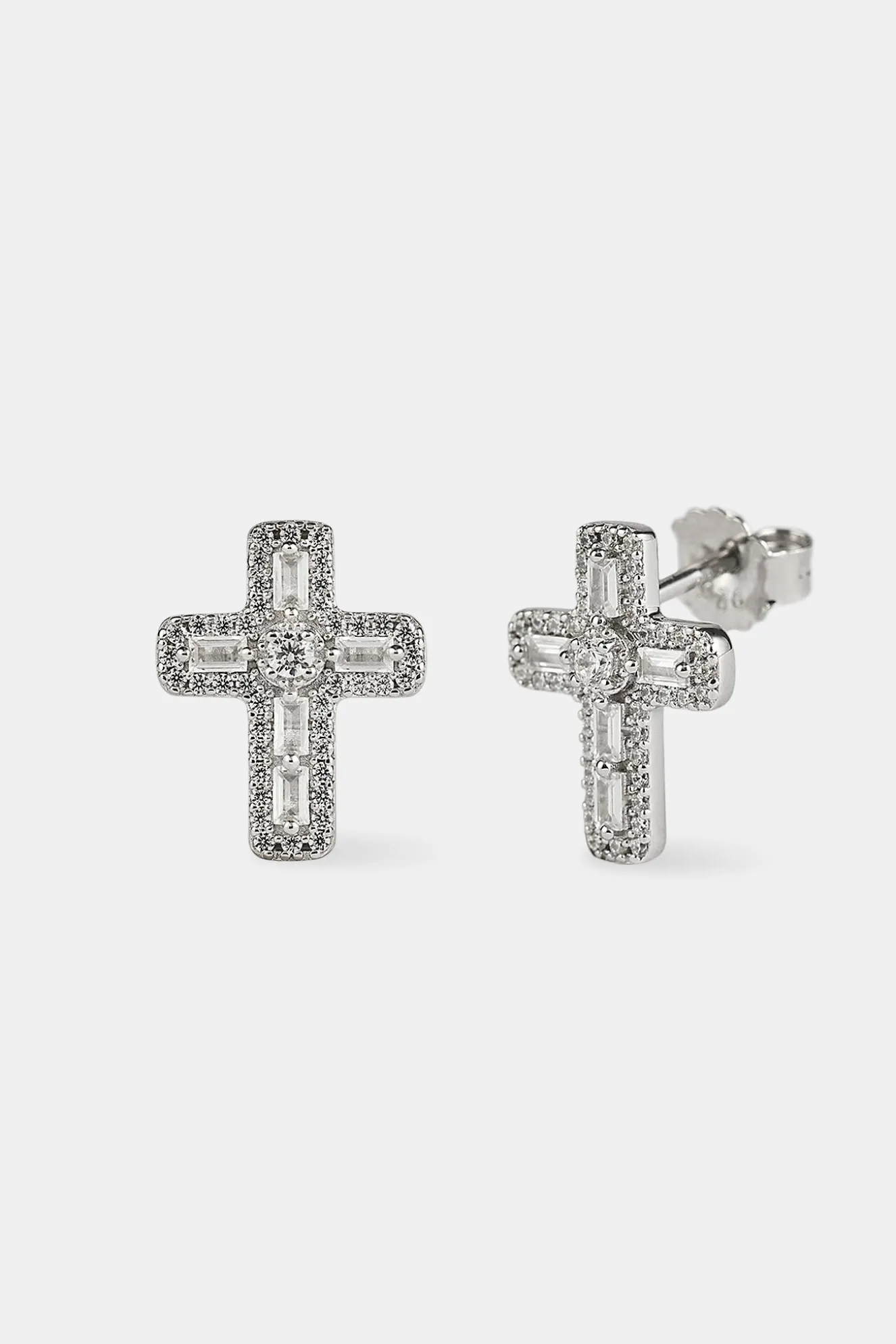 Iced Cross Stud Earrings - 15mm - White Gold