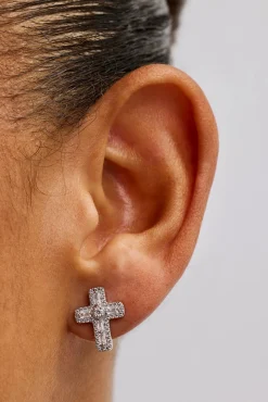 Iced Cross Stud Earrings - 15mm - White Gold