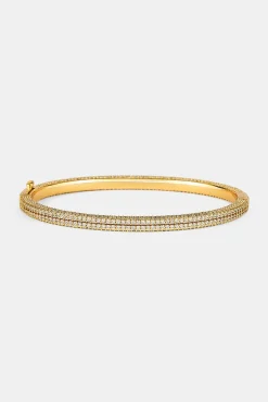 Iced Double Row Tennis Bangle - 4mm - Gold