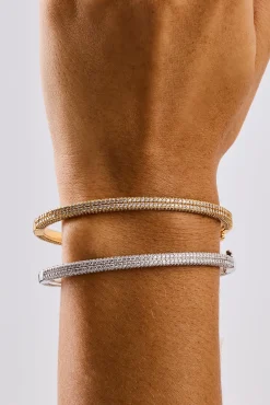 Iced Double Row Tennis Bangle - 4mm - White