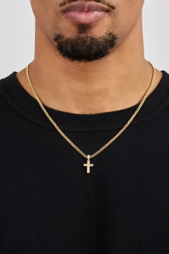 Iced Drop Cross Cuban Necklace - 5mm - Gold