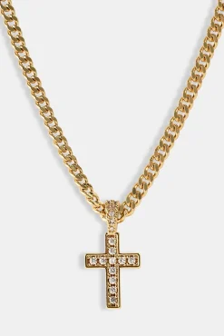 Iced Drop Cross Cuban Necklace - 5mm - Gold