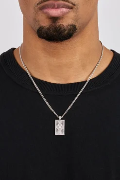 Iced Edge Motif Tag Micro Pendant Necklace - 15mm - White