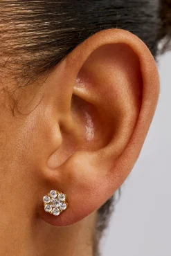 Iced Floral Stud Earrings - 8mm - Gold
