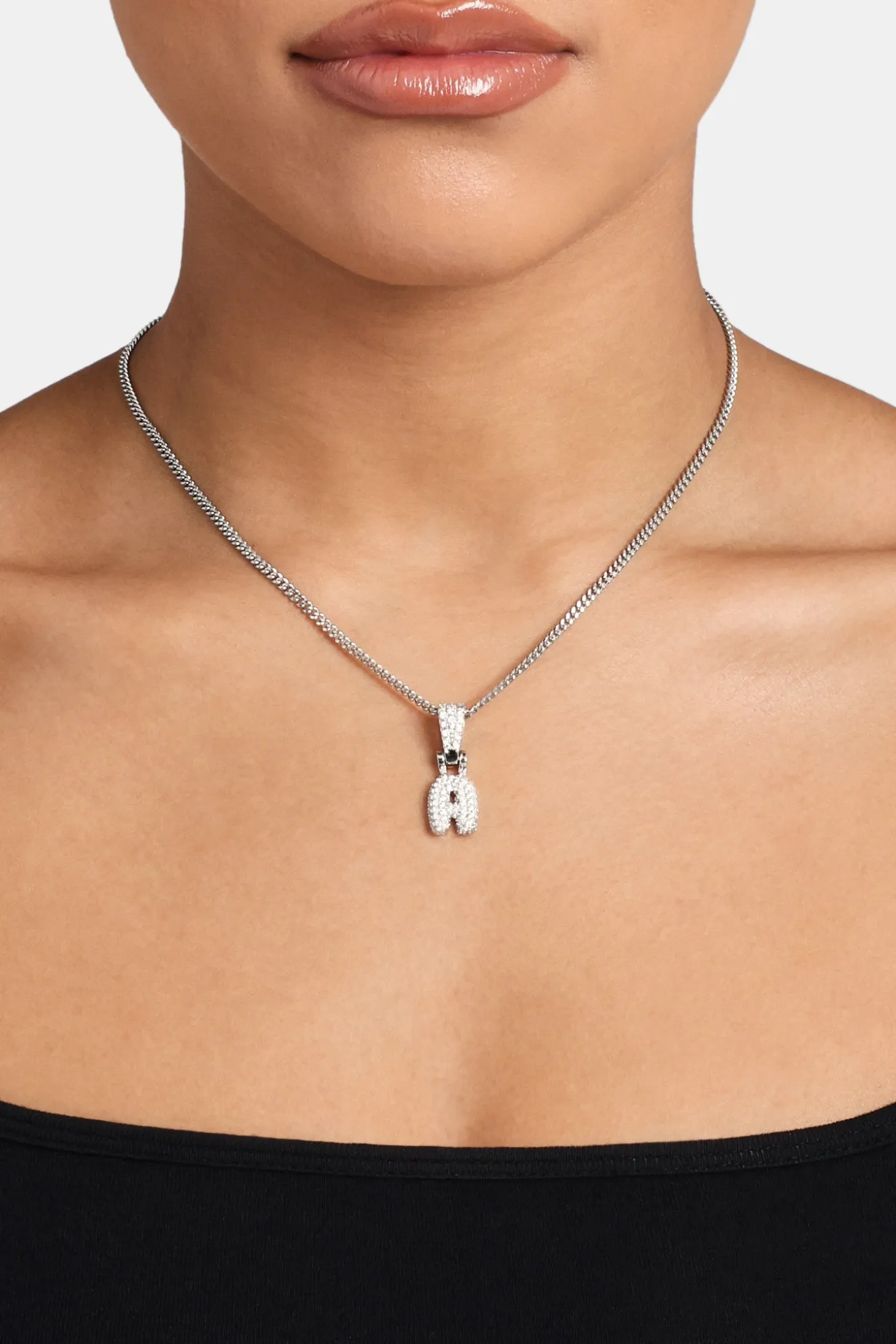 Iced Mini Bubble Pendant & Micro Cuban Chain - White