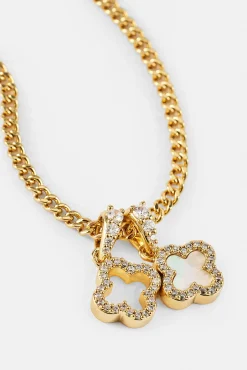 Iced & Mother Of Pearl Double Motif Necklace - 10mm - Gold