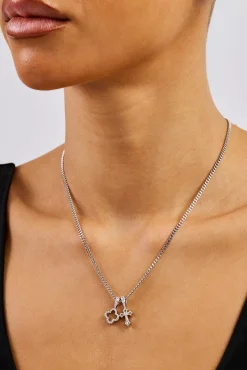 Iced Motif & Cross Pendant Necklace - 10mm - White