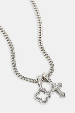 Iced Motif & Cross Pendant Necklace - 10mm - White
