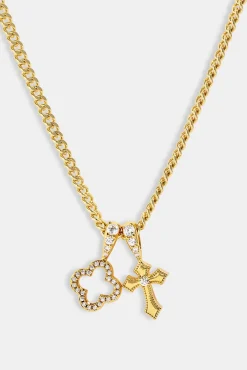 Iced Motif & Cross Pendant Necklace - 10mm - Gold