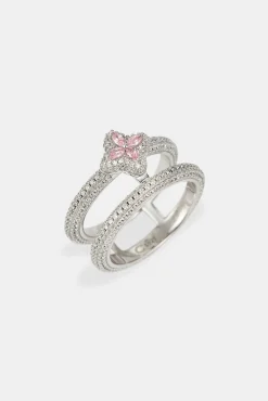 Iced Motif Double Band Row Ring - White