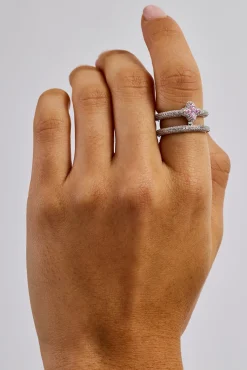 Iced Motif Double Band Row Ring - White